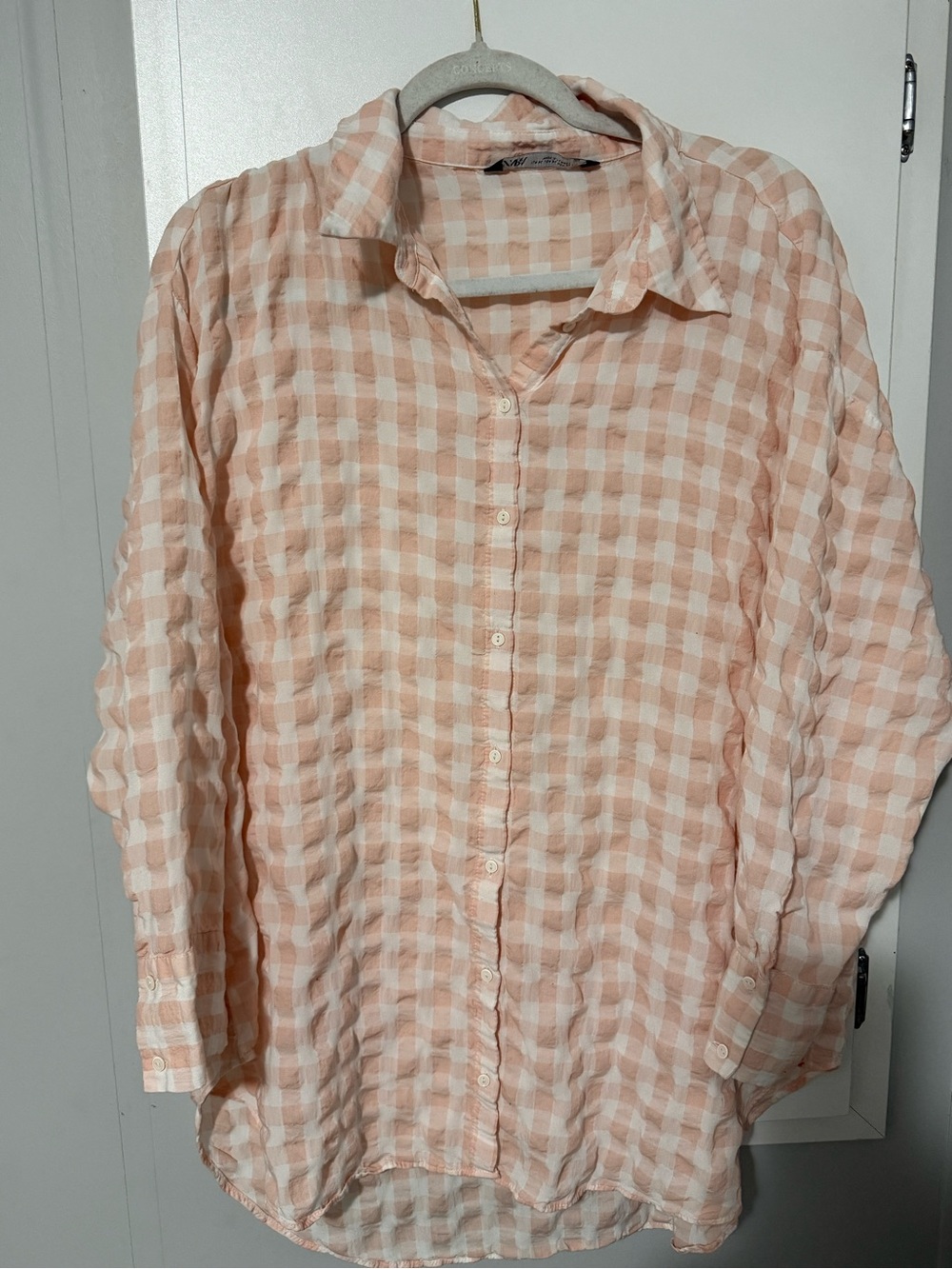 164. Zara Cotton/Viscose Pink and White Gingham Oversized Button-Down Shirt